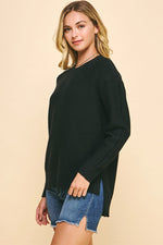 Crewneck Sweater with Side Slit - Black