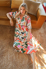 Abstract Tiered Midi Dress with Bubble Sleeves