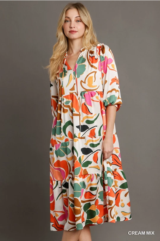 Abstract Tiered Midi Dress with Bubble Sleeves