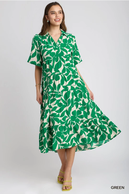 Floral Print Tiered Puff Sleeves Midi Dress