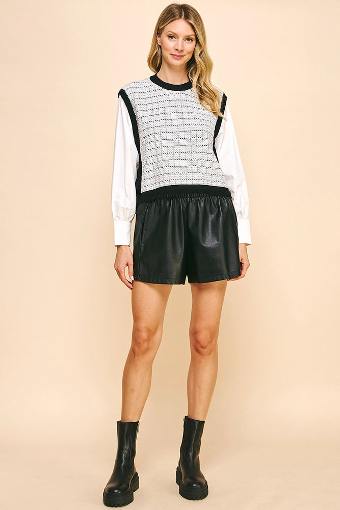 Woven Knit Combo Blouse - Black