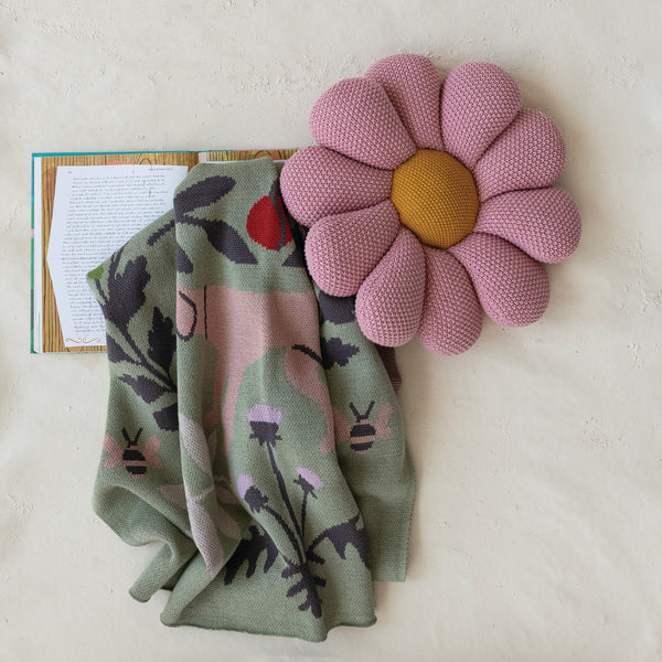 Cotton Knit Baby Blanket with Botanicals & Animals