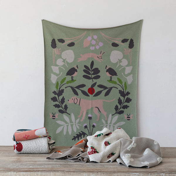 Cotton Knit Baby Blanket with Botanicals & Animals