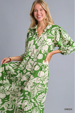 Floral Tiered Dress with Balloon Sleeve - Green