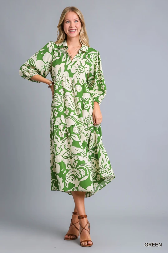 Floral Tiered Dress with Balloon Sleeve - Green