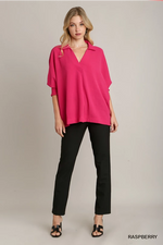 Collared Blouse with Sleeve Cuffs - Raspberry