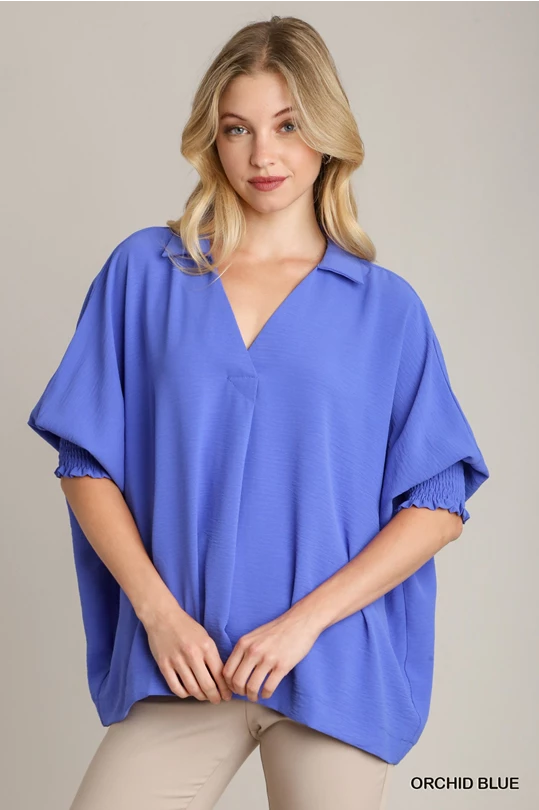 Collared Blouse with Sleeve Cuffs - Orchid Blue