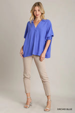 Collared Blouse with Sleeve Cuffs - Orchid Blue