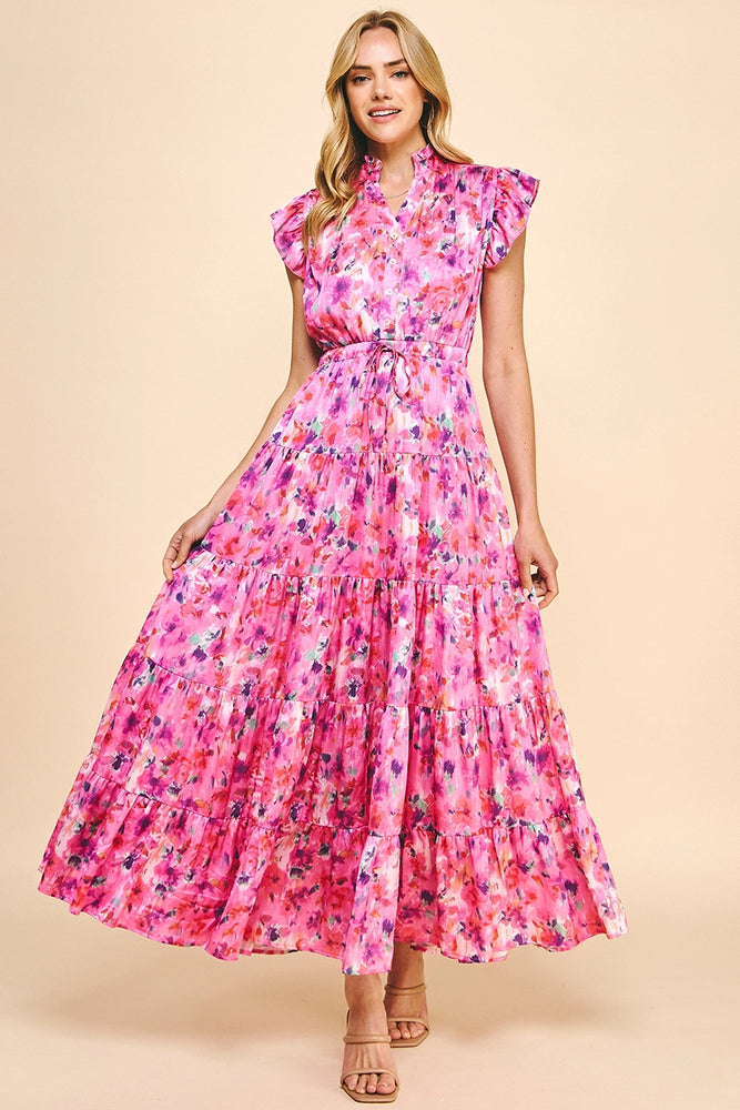 Satin Print Maxi Dress Pink