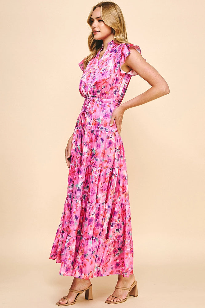 Satin Print Maxi Dress Pink