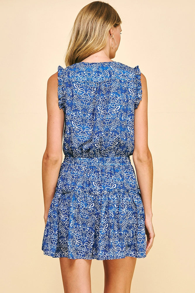 Floral Ruffle Mini Dress - Blue