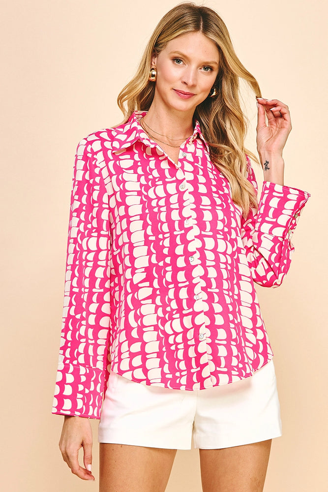Printed Button Down Shirt - Hot Pink