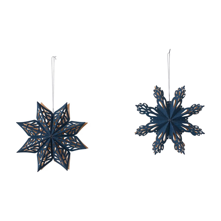 Flocked Recycled Paper Snowflake Ornament, Navy & Gold Color