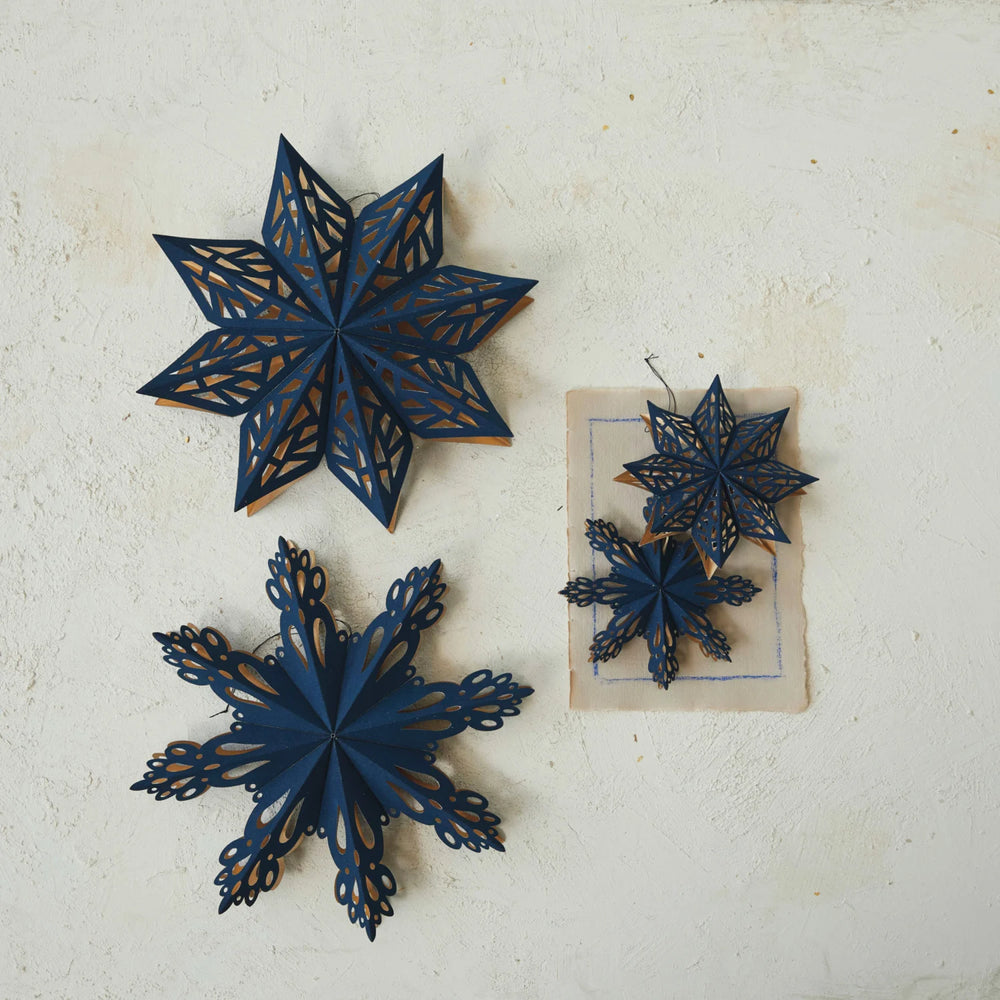 Flocked Recycled Paper Snowflake Ornament, Navy & Gold Color