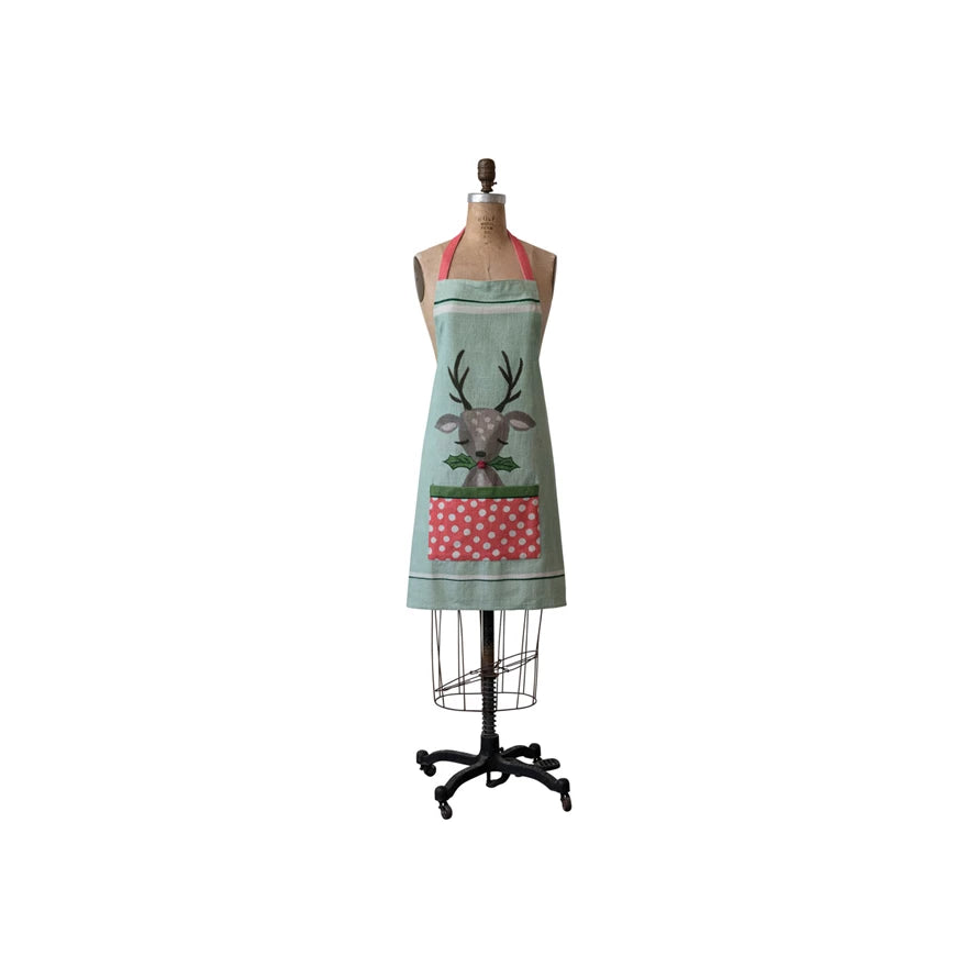 Cotton Slub Printed Apron w/ Reindeer, Holly & Polka Dot Pocket