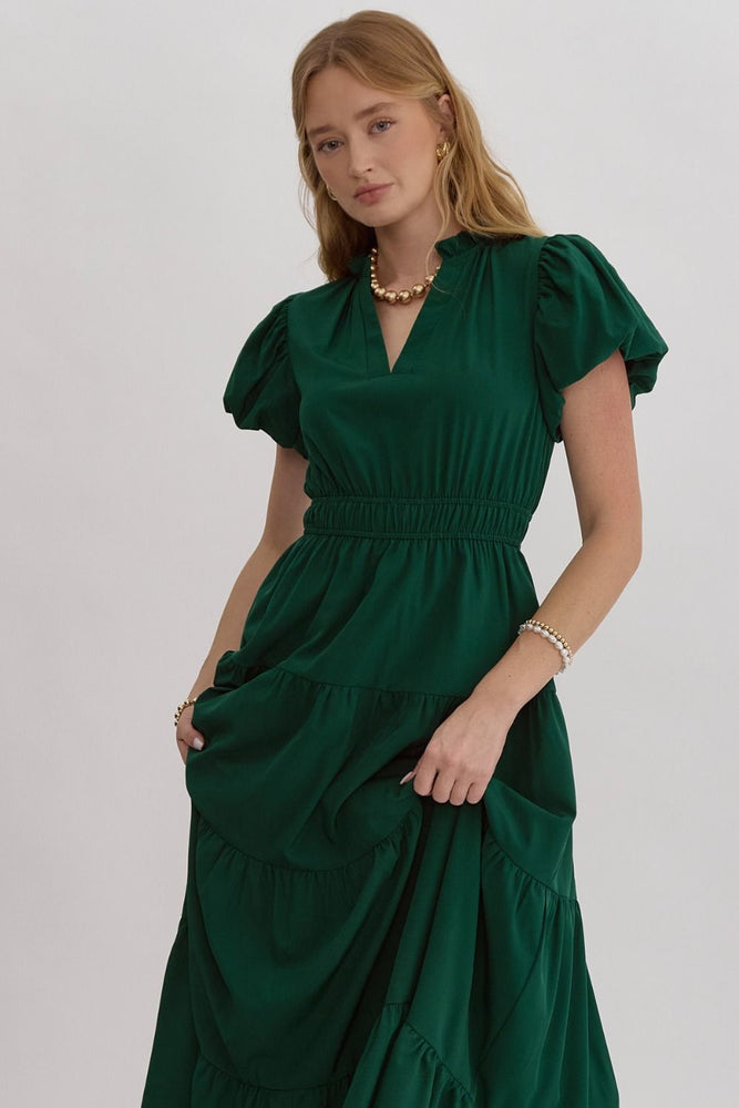 Hunter Green V- Neck Midi Dress