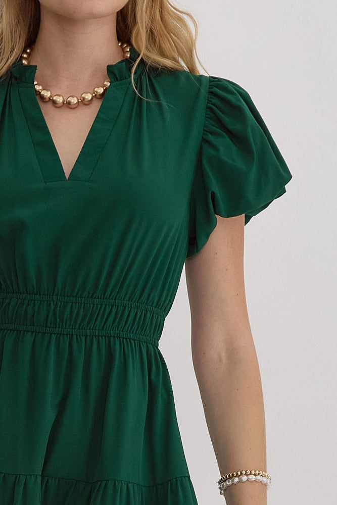 Hunter Green V- Neck Midi Dress