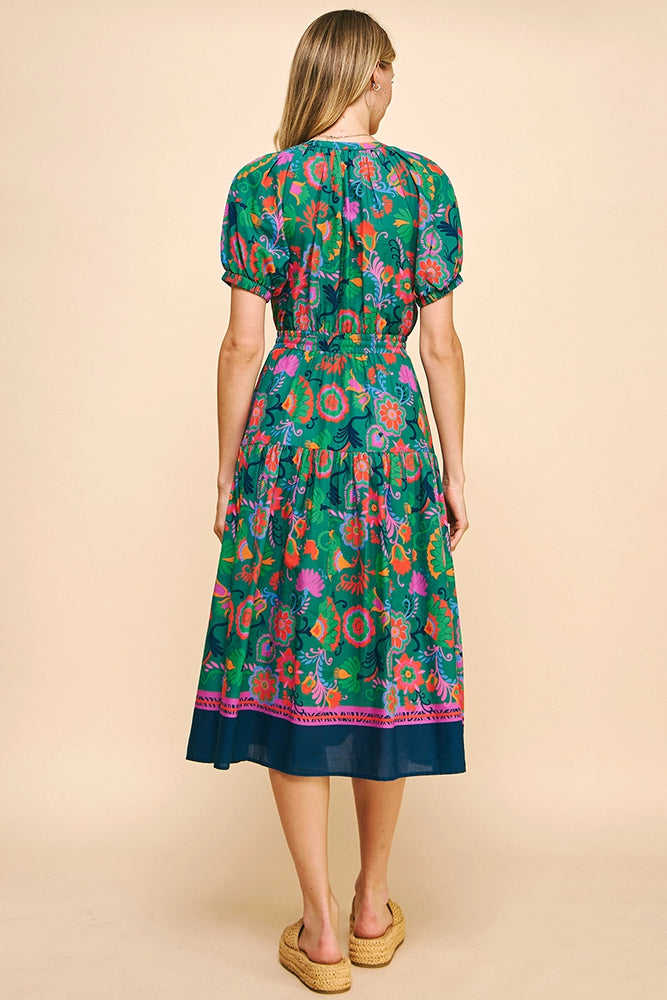 Floral Print Midi Dress - Green Multi