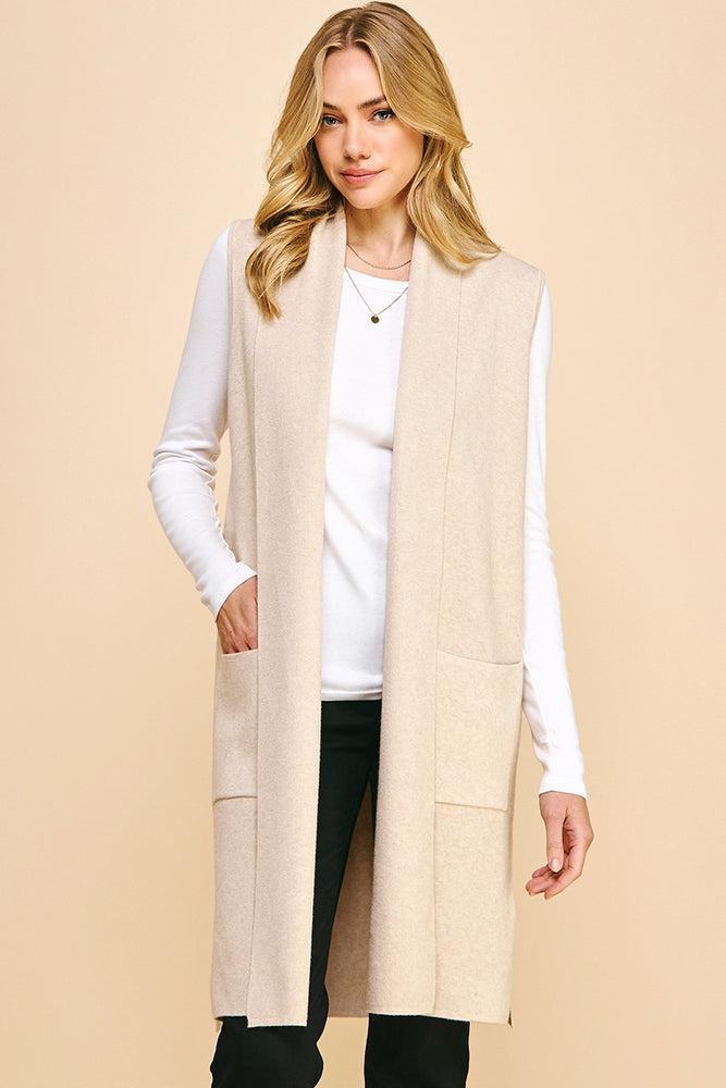 Sleeveless Open Knitted Cardigan - Oatmeal