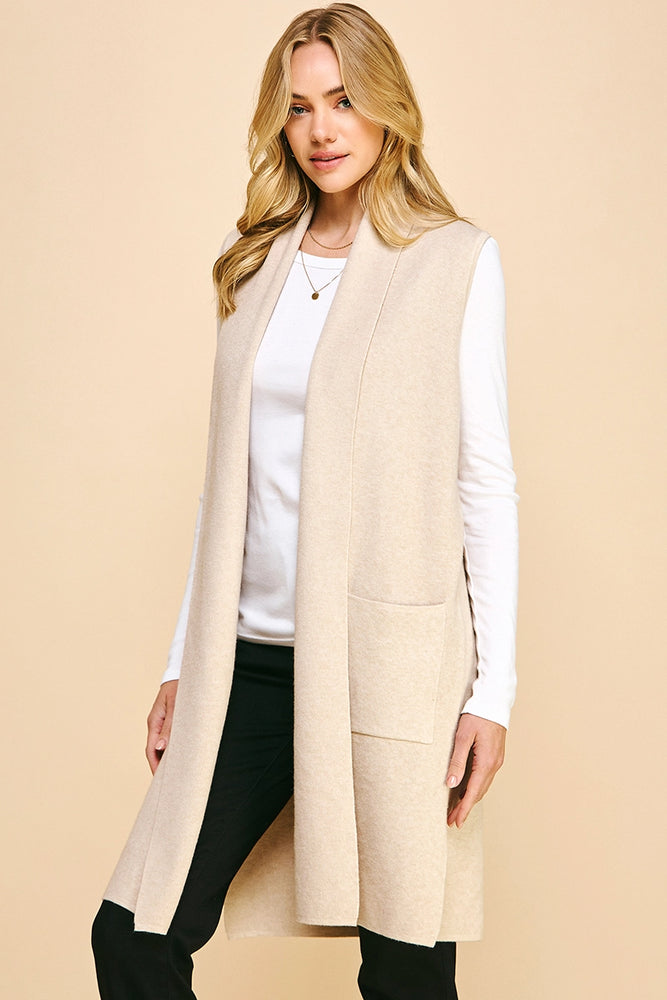 Sleeveless Open Knitted Cardigan - Oatmeal