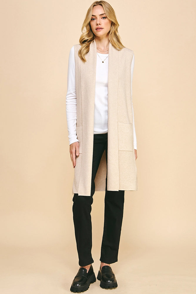 Sleeveless Open Knitted Cardigan - Oatmeal