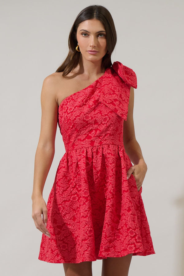 Zarah Jacquard Ivine Bow Mini Dress: Red