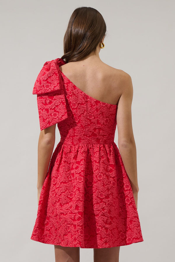 Zarah Jacquard Ivine Bow Mini Dress: Red