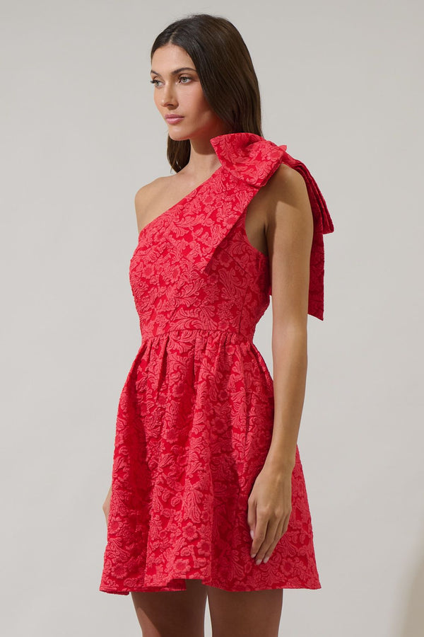 Zarah Jacquard Ivine Bow Mini Dress: Red