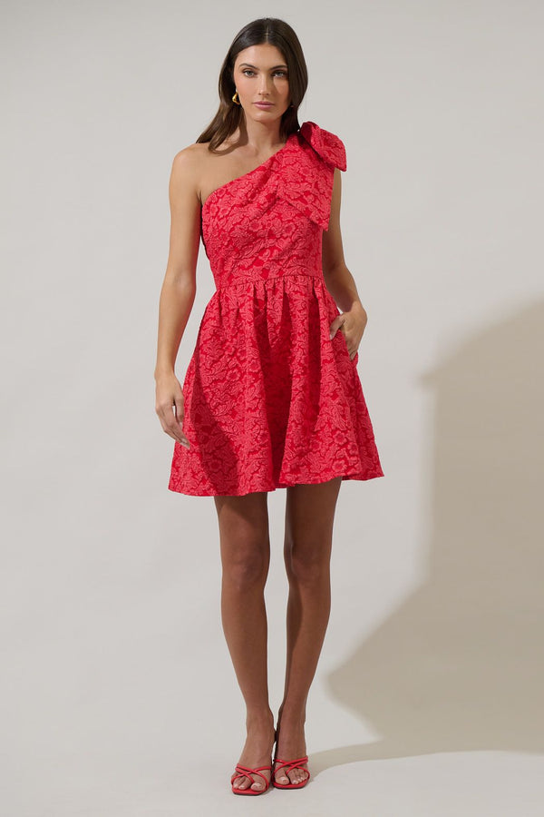 Zarah Jacquard Ivine Bow Mini Dress: Red