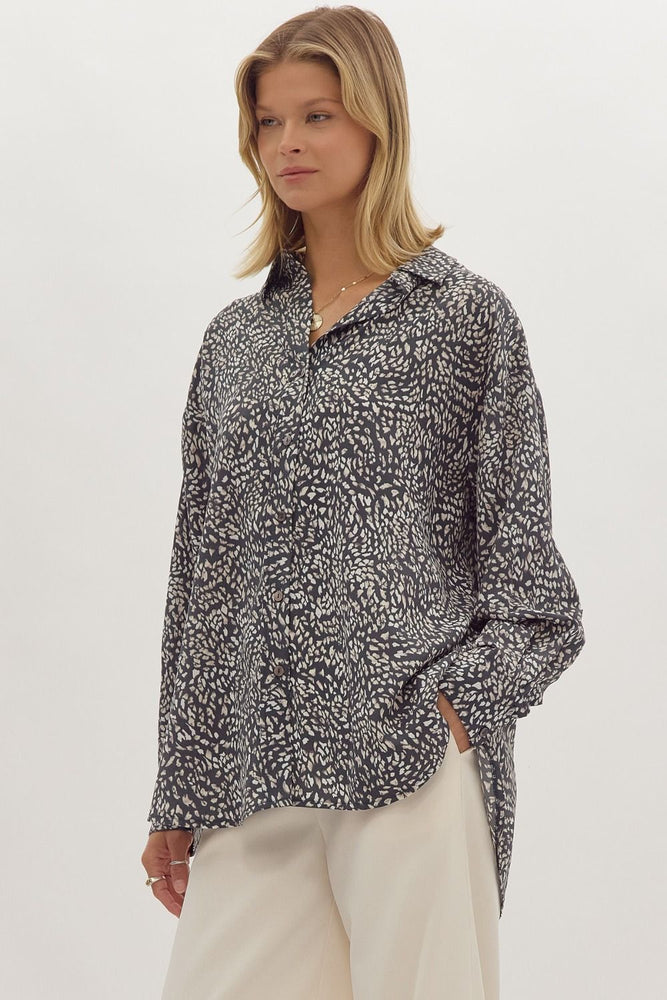 Printed Button Up Long Sleeve Top Charcoal