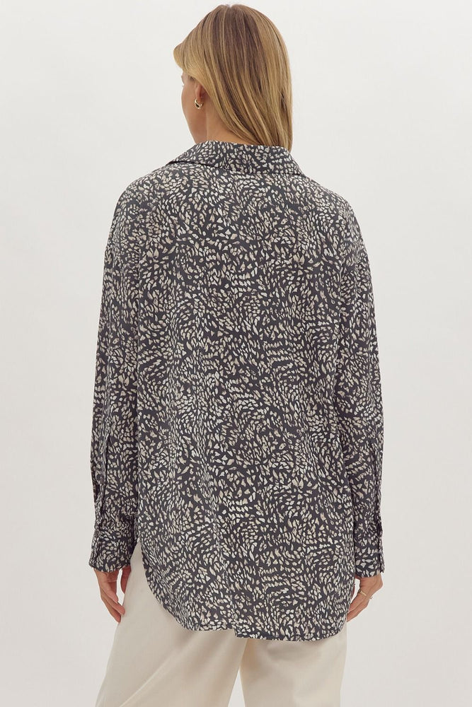 Printed Button Up Long Sleeve Top Charcoal