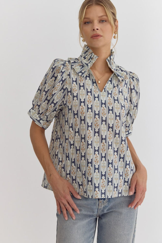 Printed Ruffle Collar Top