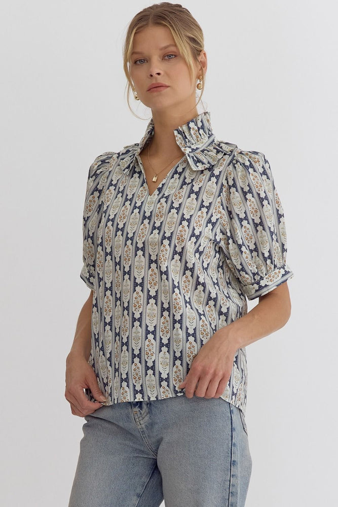 Printed Ruffle Collar Top