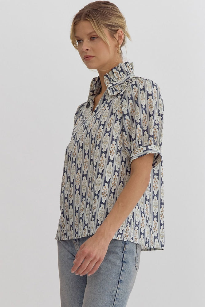 Printed Ruffle Collar Top