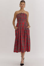 Red Plaid Strapless Midi Dress