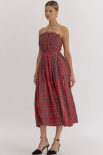 Red Plaid Strapless Midi Dress