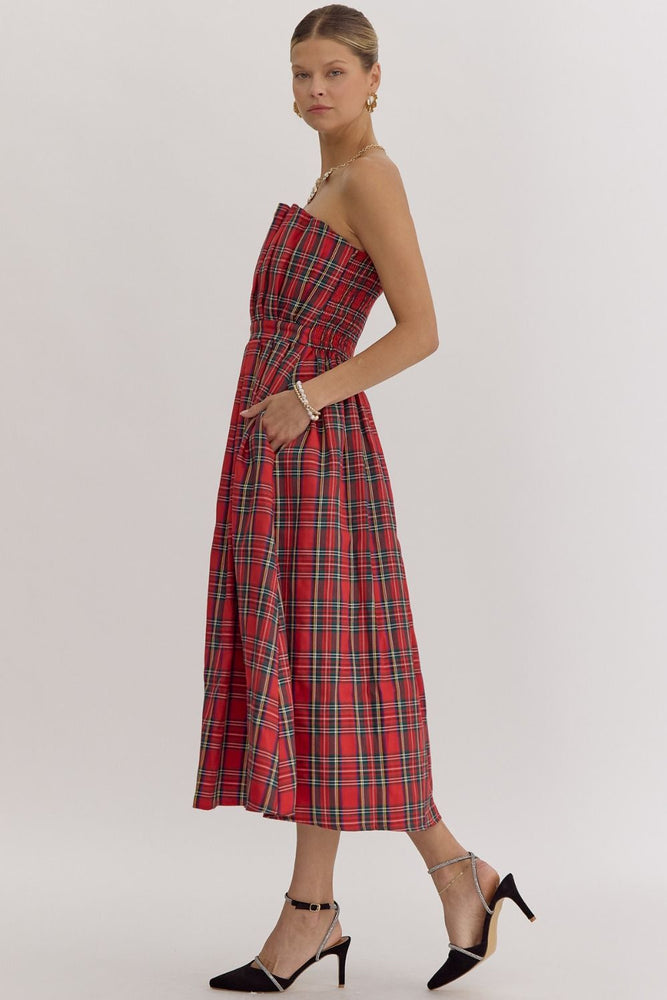 Red Plaid Strapless Midi Dress