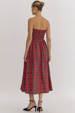 Red Plaid Strapless Midi Dress