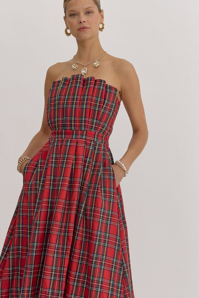 Red Plaid Strapless Midi Dress