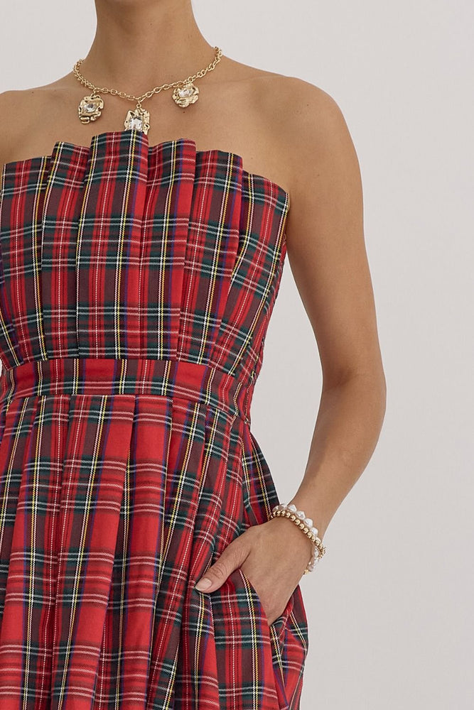 Red Plaid Strapless Midi Dress