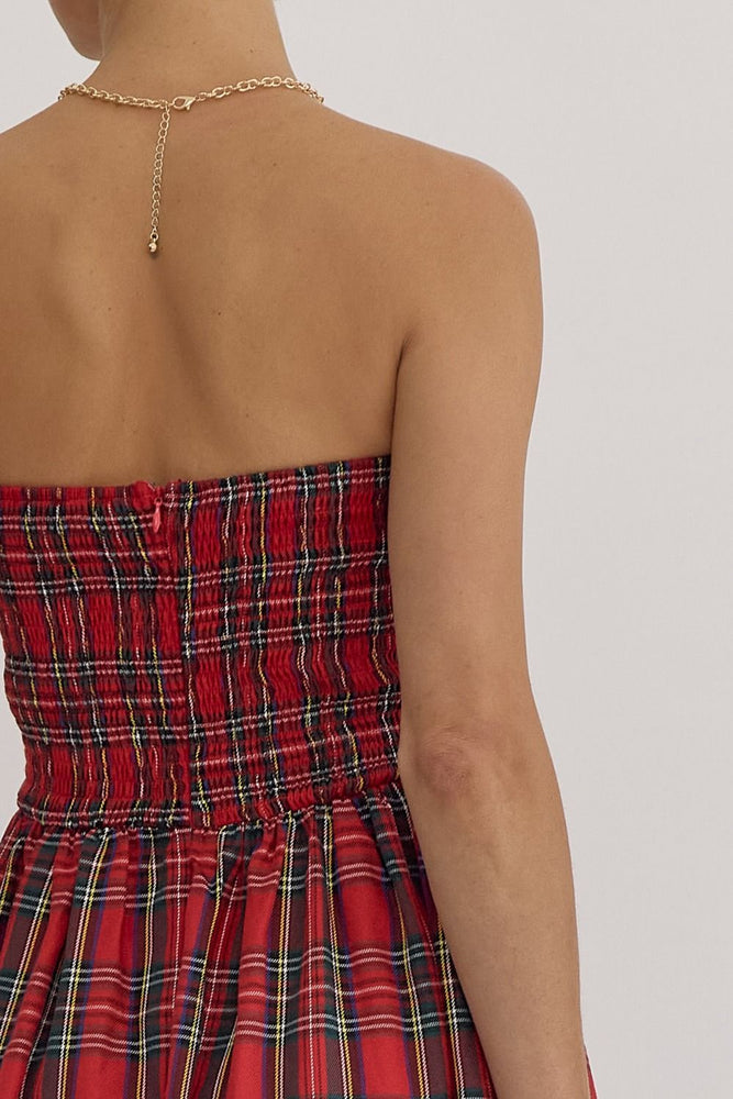 Red Plaid Strapless Midi Dress