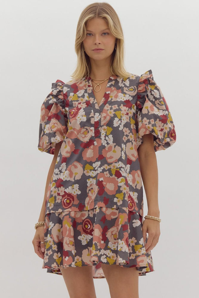 Charcoal Floral Print V-Neck Mini Dress