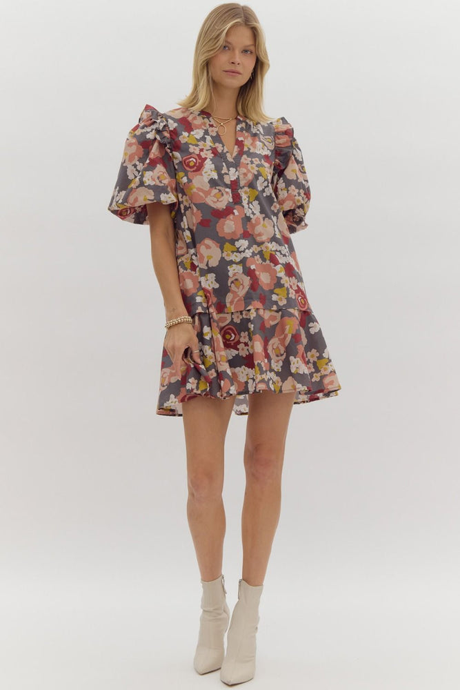 Charcoal Floral Print V-Neck Mini Dress