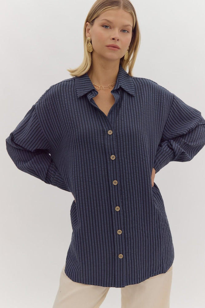 Indigo Stripe Collared Button Up