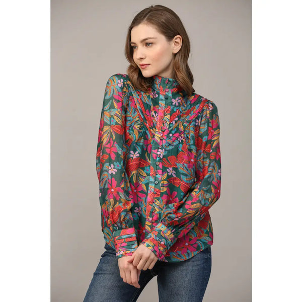 Skyler Printed Top: Teal Multi