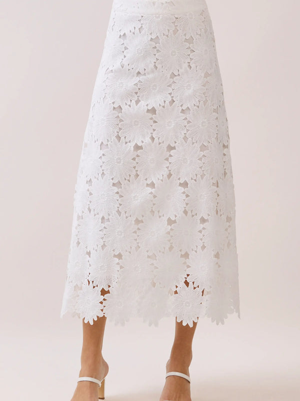 Floral White Lace Scalloped Hem Fully Lined Midi Skirt