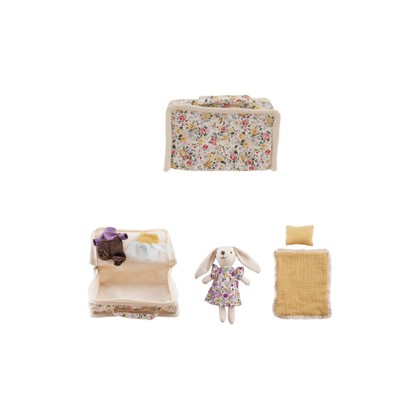 Fabric Zip Suitcase Bed with Plush Bunny & Outfits