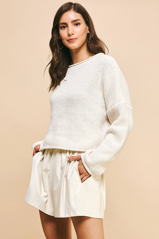 Roll-Edge Sweater Pullover - Cream