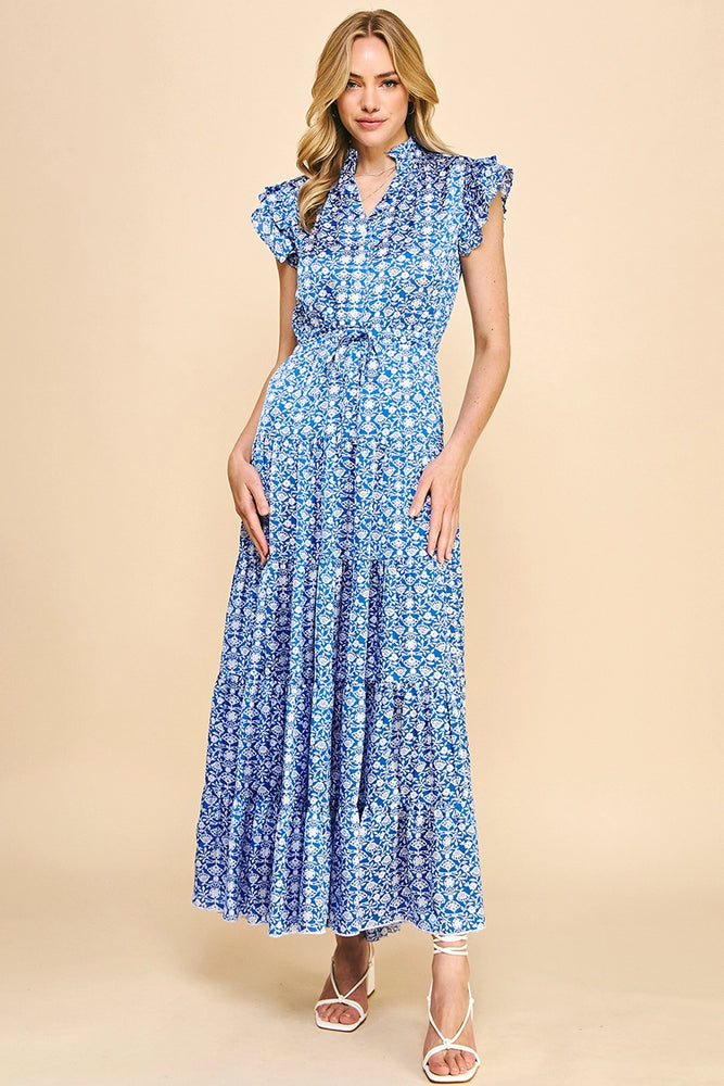 Print Satin Tiered Maxi Dress - Blue