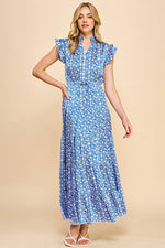 Print Satin Tiered Maxi Dress - Blue